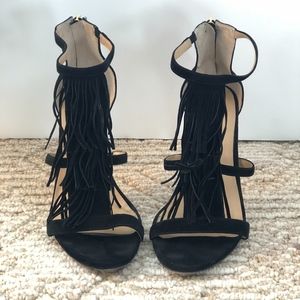 ANN TAYLOR Black Suede Fringe Strap Heels